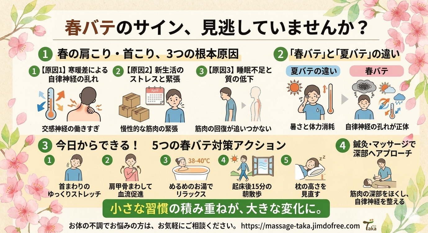 春バテで悪化する肩こり・首こりの原因と改善法